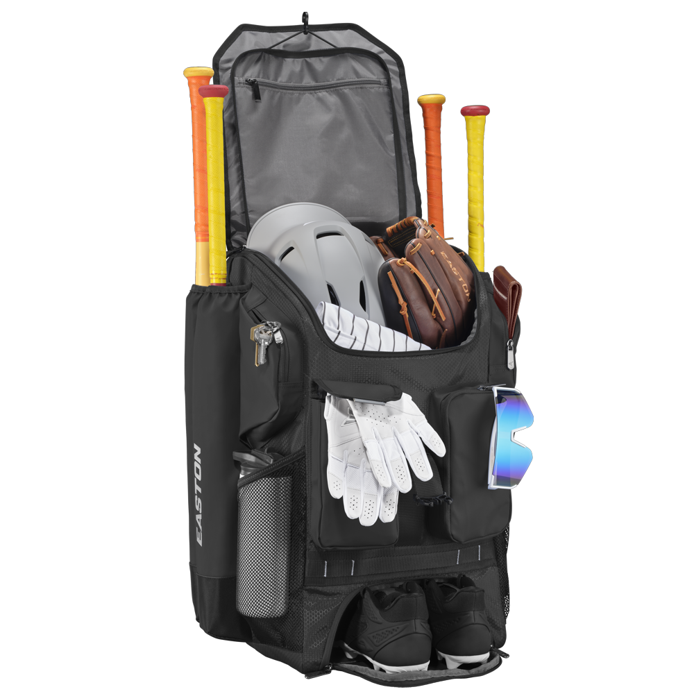 The Easton 5-Tool Phenom Backpack (5TPHENOMBP) in black holds four bats, a helmet, glove, batting gloves, sunglasses, and cleats—all in separate compartments. The front pocket and top flap open to neatly display your baseball gear.