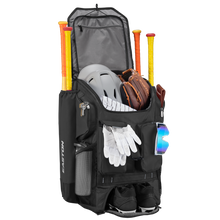 The Easton 5-Tool Phenom Backpack (5TPHENOMBP) in black holds four bats, a helmet, glove, batting gloves, sunglasses, and cleats—all in separate compartments. The front pocket and top flap open to neatly display your baseball gear.
