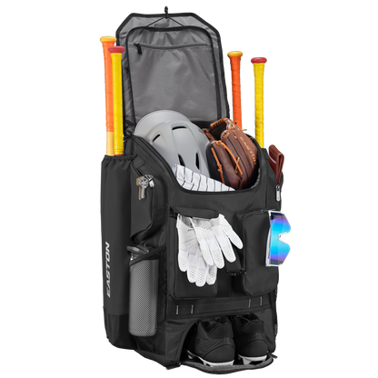 The Easton 5-Tool Phenom Backpack (5TPHENOMBP) in black holds four bats, a helmet, glove, batting gloves, sunglasses, and cleats—all in separate compartments. The front pocket and top flap open to neatly display your baseball gear.