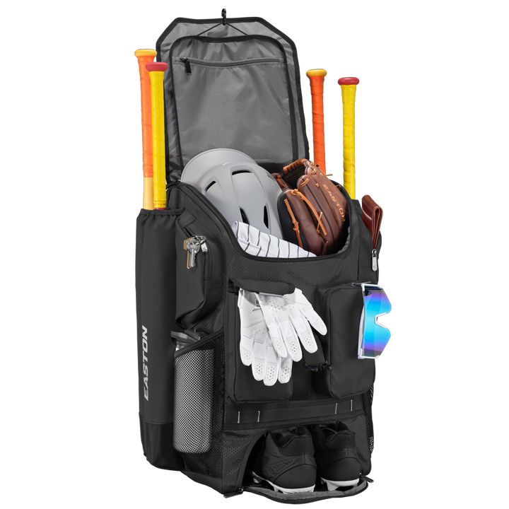 Black sports equipment bag with bats, helmet, gloves, and sunglasses on a white background