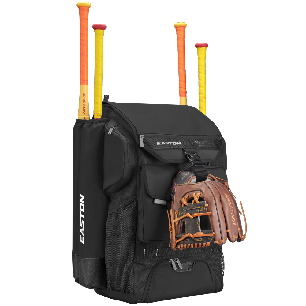 A roomy Easton 5-Tool Phenom Backpack (model 5TPHENOMBP) in black, shown with three yellow/orange bats and a brown glove attached. This Easton gear bag offers multiple compartments and mesh side pockets for easy organization.