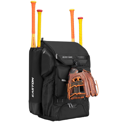 A roomy Easton 5-Tool Phenom Backpack (model 5TPHENOMBP) in black, shown with three yellow/orange bats and a brown glove attached. This Easton gear bag offers multiple compartments and mesh side pockets for easy organization.
