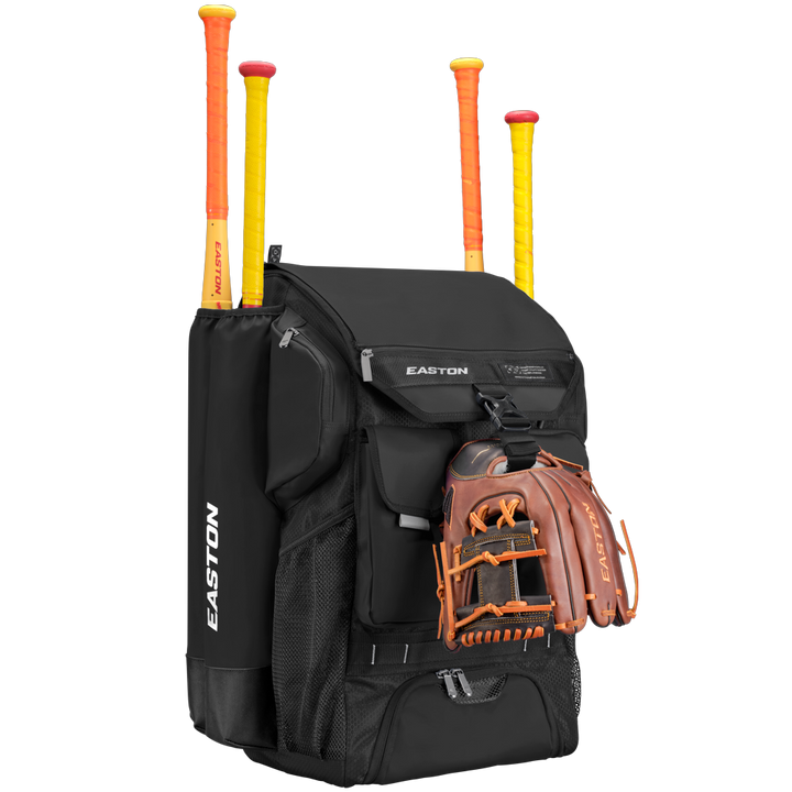 Black Easton baseball softball backpack with multiple compartments on a white background 
