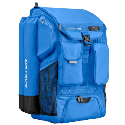 The Easton 5-Tool Phenom Backpack (5TPHENOMBP) is a spacious blue backpack with multiple zippered compartments, mesh side pockets, a left bat sleeve, and EASTON branding—perfect for storing all your baseball gear.