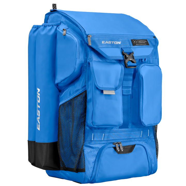 Columbia Blue Easton backpack with multiple compartments on a white background baseball softball