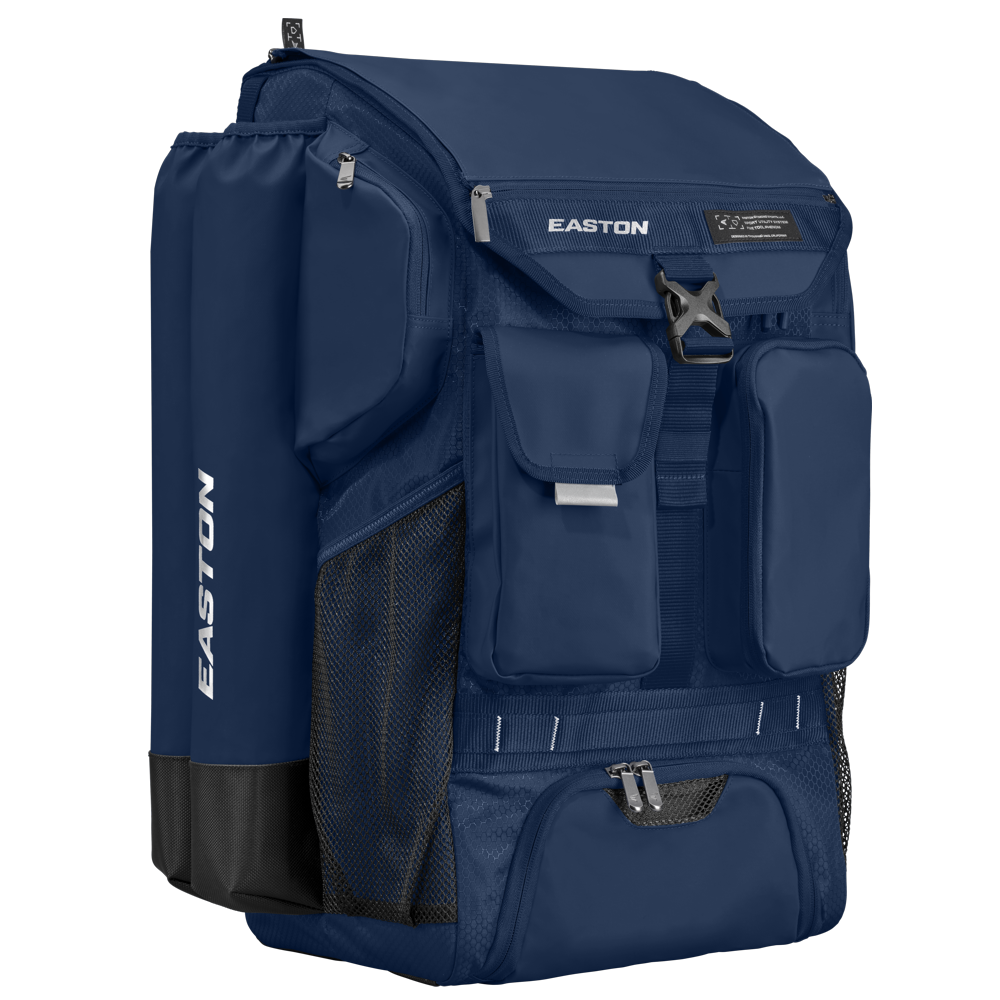 The navy blue Easton 5-Tool Phenom Backpack (5TPHENOMBP) has multiple compartments, mesh side pockets, front zippered pouches, a bat holder, and features the Easton logo in white on the side and front.
