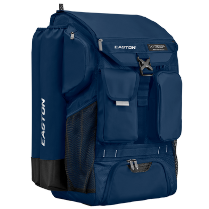 The navy blue Easton 5-Tool Phenom Backpack (5TPHENOMBP) has multiple compartments, mesh side pockets, front zippered pouches, a bat holder, and features the Easton logo in white on the side and front.