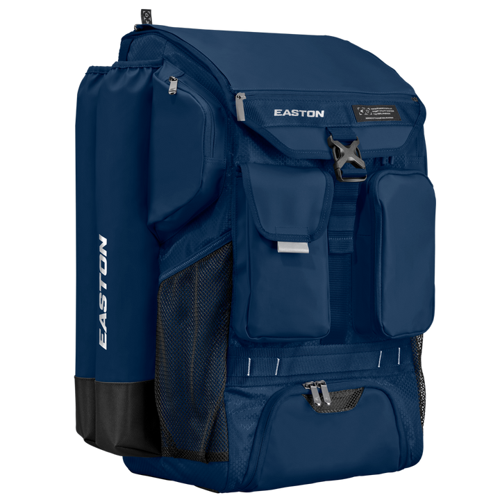 Blue Easton backpack with multiple pockets on a white background. baseball and softball