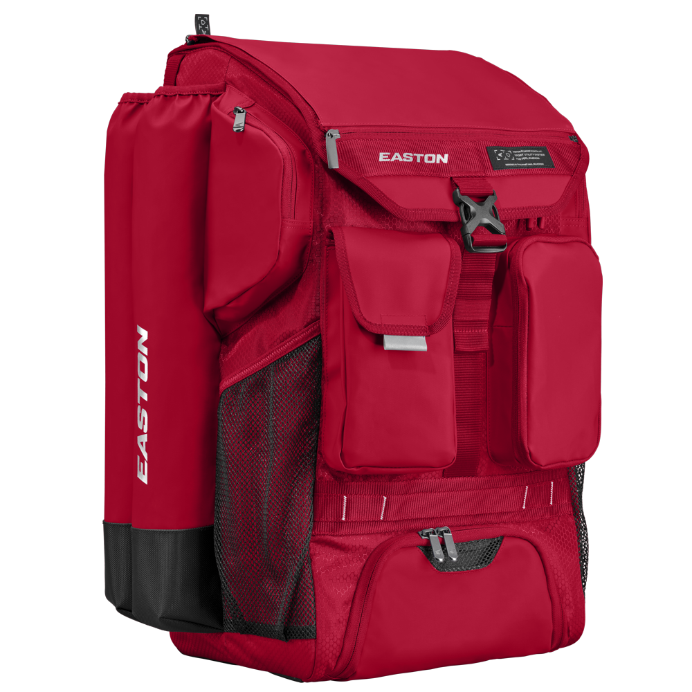 Red Easton backpack with a smaller bag on a white background baseball softball fastpitch