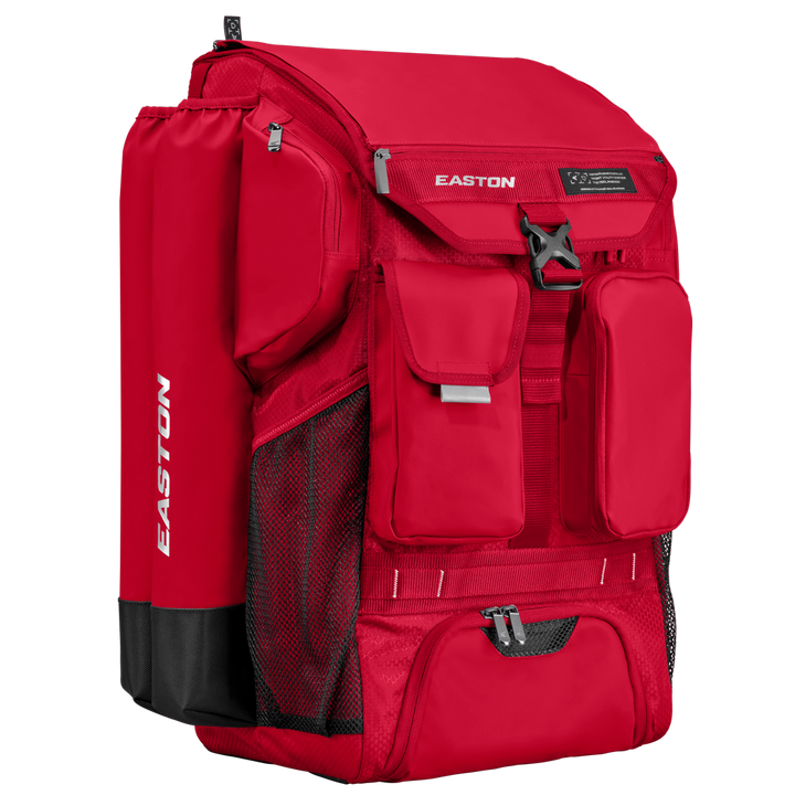 Red Easton backpack with a smaller bag on a white background baseball softball fastpitch