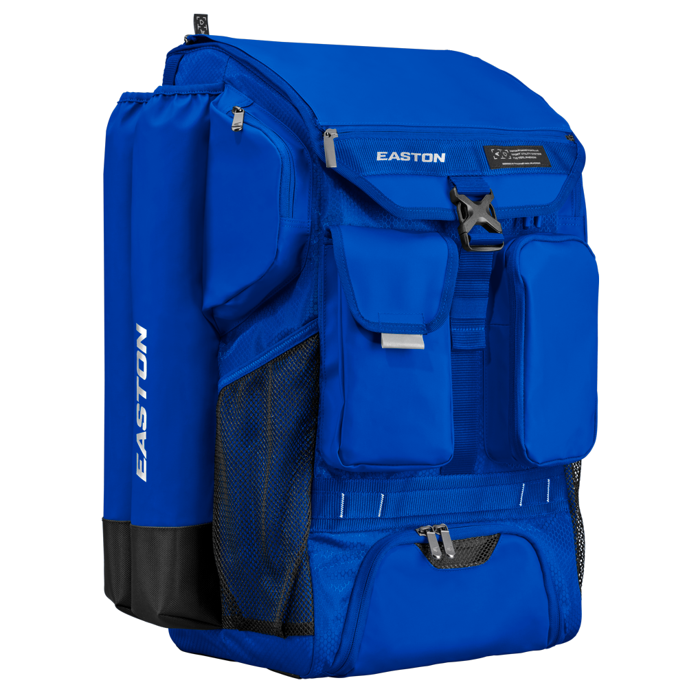 The Easton 5-Tool Phenom Backpack (5TPHENOMBP) features multiple zippered pockets, mesh side compartments, a bat holder, and Easton branding. This spacious blue backpack stands upright to showcase its versatile compartments.