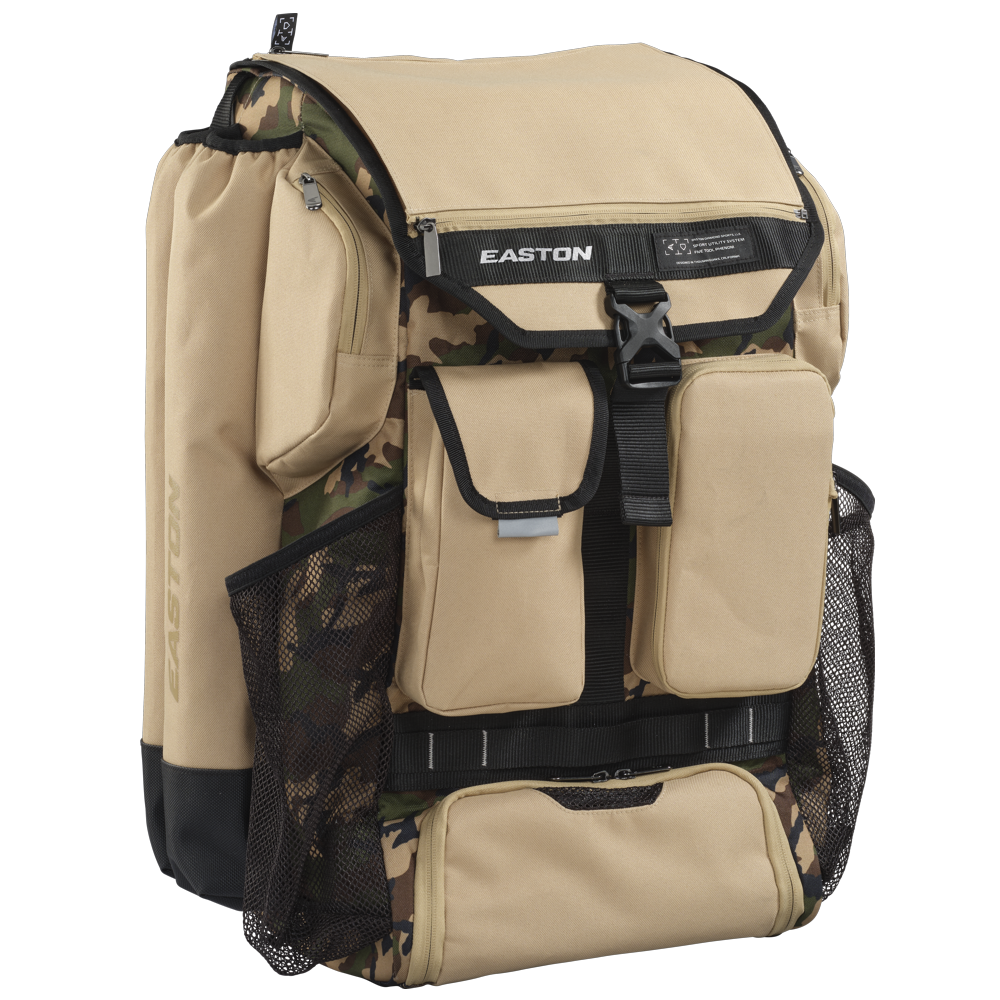 The Easton 5-Tool Phenom Backpack (5TPHENOMBP) is a tan and camouflage baseball backpack with multiple zippered and mesh pockets, side compartments, and a large front buckle—perfect for sports or outdoor use.
