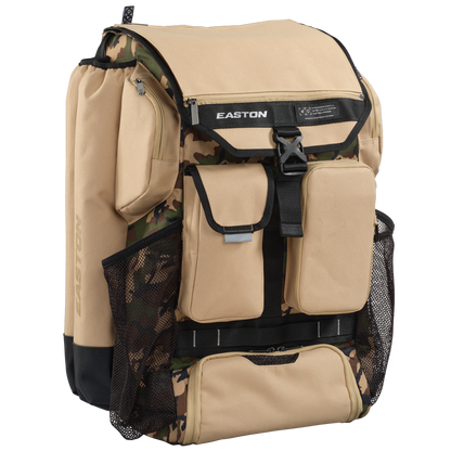The Easton 5-Tool Phenom Backpack (5TPHENOMBP) is a tan and camouflage baseball backpack with multiple zippered and mesh pockets, side compartments, and a large front buckle—perfect for sports or outdoor use.