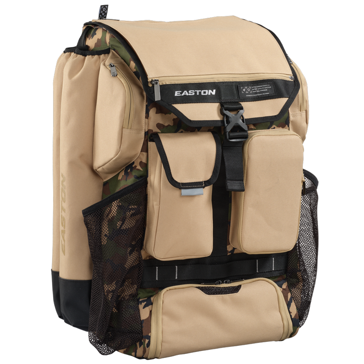 Beige and camouflage backpack with Easton branding on a white background for baseball and softball