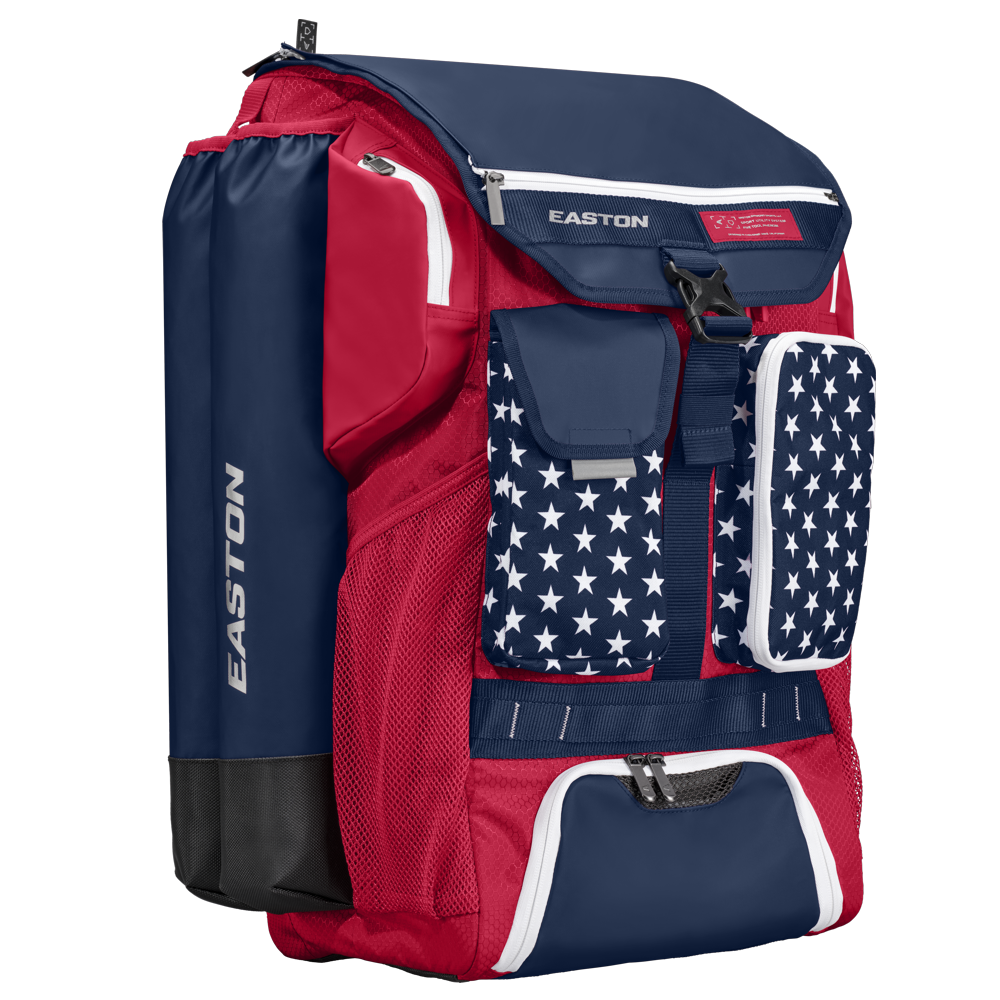 The Easton 5-Tool Phenom Backpack (5TPHENOMBP) is a spacious baseball gear bag with red, white, and blue star accents, mesh side pocket, and zippered compartments—ideal for sports or travel.