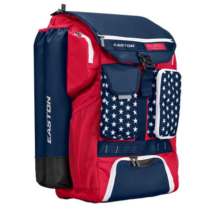 The Easton 5-Tool Phenom Backpack (5TPHENOMBP) is a spacious baseball gear bag with red, white, and blue star accents, mesh side pocket, and zippered compartments—ideal for sports or travel.