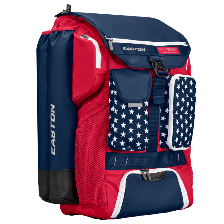 Red and blue backpack with American flag design on a white background baseball softball fastpitch