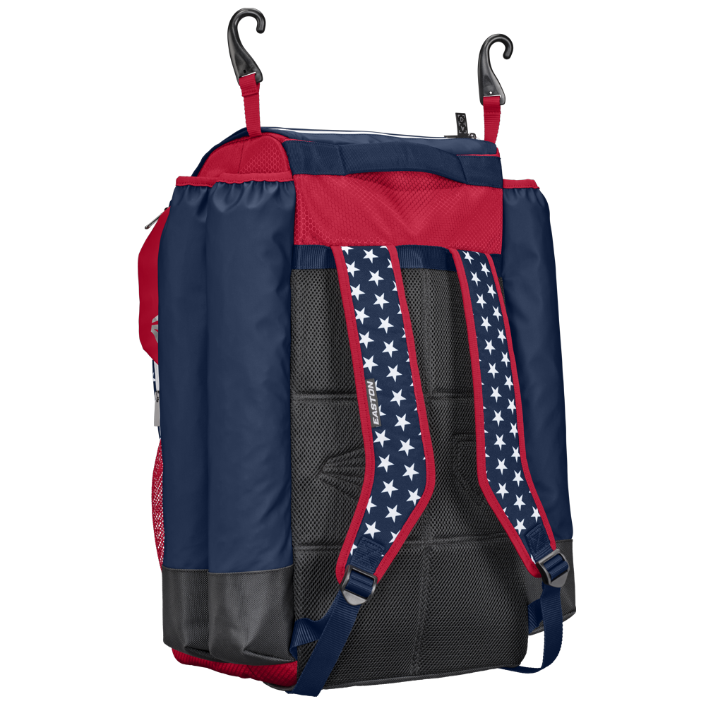 The Easton 5-Tool Phenom Backpack (5TPHENOMBP) by Easton features blue and red sections, black bottom corners, white stars on the blue straps, two large top hooks, and a side mesh pocket—ideal for carrying your baseball gear.