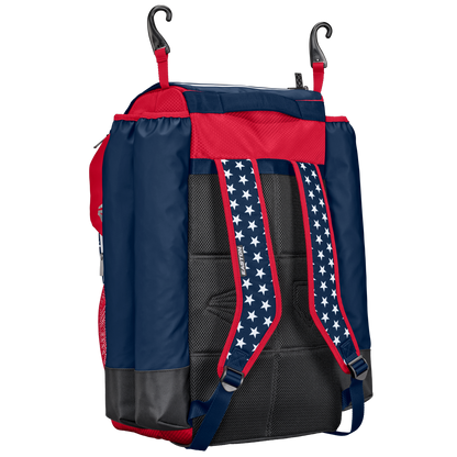 The Easton 5-Tool Phenom Backpack (5TPHENOMBP) by Easton features blue and red sections, black bottom corners, white stars on the blue straps, two large top hooks, and a side mesh pocket—ideal for carrying your baseball gear.