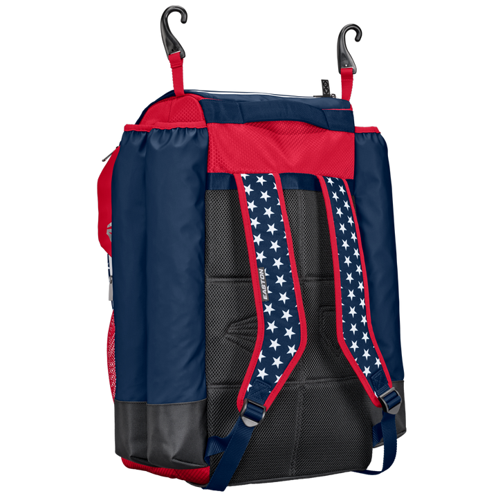 Backpack with American flag design on straps against a white background baseball softball fastpitch