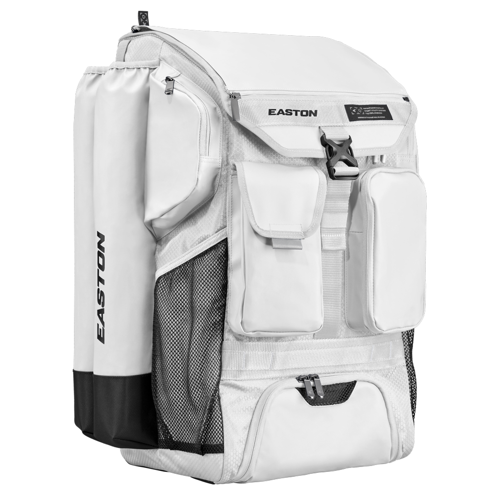 The Easton 5-Tool Phenom Backpack (5TPHENOMBP) is a spacious white baseball backpack with zippered and mesh pockets, a side bat sleeve, and a top flap with buckle closure, shown against a plain white background.