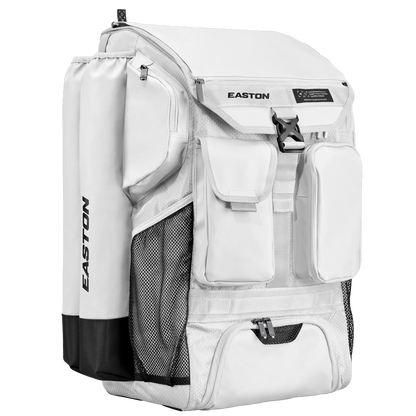 The Easton 5-Tool Phenom Backpack (5TPHENOMBP) is a spacious white baseball backpack with zippered and mesh pockets, a side bat sleeve, and a top flap with buckle closure, shown against a plain white background.