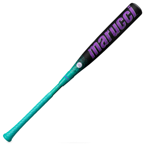 The 2026 Marucci CAT X RCKLESS Composite (-5) USSSA baseball bat (MSBCRC5 DEMO) features a teal handle and lower half, fading to black on the upper half, with "marucci" in large purple letters.