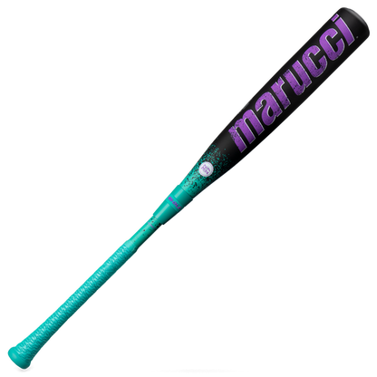 The 2026 Marucci CAT X RCKLESS Composite (-5) USSSA baseball bat (MSBCRC5 DEMO) features a teal handle and lower half, fading to black on the upper half, with "marucci" in large purple letters.