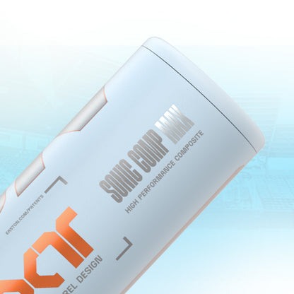 A close-up of the 2025 Easton Ghost Unlimited (-9) Fastpitch Softball Bat (EFP5GHUL9), a white bat with orange and silver accents, labeled "SONIC COMP MAX HIGH PERFORMANCE COMPOSITE," set against a light blue background.