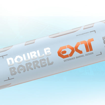 A close-up of the 2025 Easton Ghost Unlimited (-11) Fastpitch Softball Bat (DEMO) shows "DOUBLE BARREL" in metallic letters and "EXT" in orange, with "EXTENDED BARREL DESIGN" below, against a light blue gradient background.