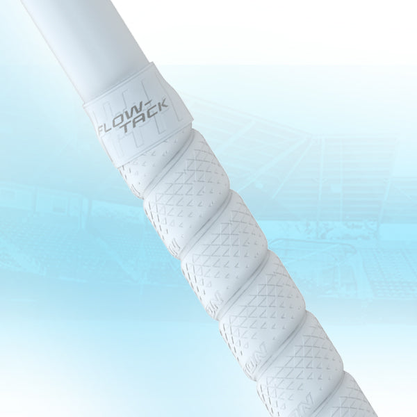 Close-up of an Easton 2025 Ghost Unlimited (-9) Fastpitch Softball Bat (EFP5GHUL9) handle with textured grip and "FLOWTACK" text, set against a soft blue background featuring a faint stadium image.