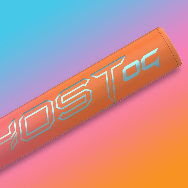 A cylindrical orange object with the word HOST in large, futuristic light blue letters, set against a pastel gradient background of blue, purple, pink, and orange.