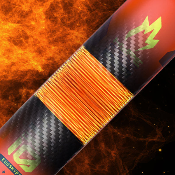Close-up of an orange metallic coil wrapped around carbon fiber evokes the dynamic energy of the Easton 2025 Hype Fire (-8) 2 5/8" USA Baseball Bat: EUS5HYP8, with abstract logos on a fiery, flame-inspired background.