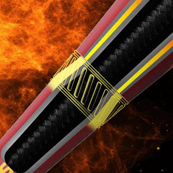 A close-up of a stylized object featuring red, black, and yellow stripes, with a textured black section and a yellow, metallic-looking band, set against a fiery orange and black background.