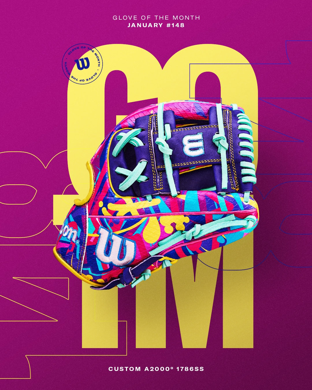 The Wilson A2000 1786SS 11.5" Baseball Glove (GOTM January 2026) is shown with a bold, abstract design on a purple background marked "GOM," featuring premium Pro Stock leather. Brand: Wilson. Model: WBW104643115.