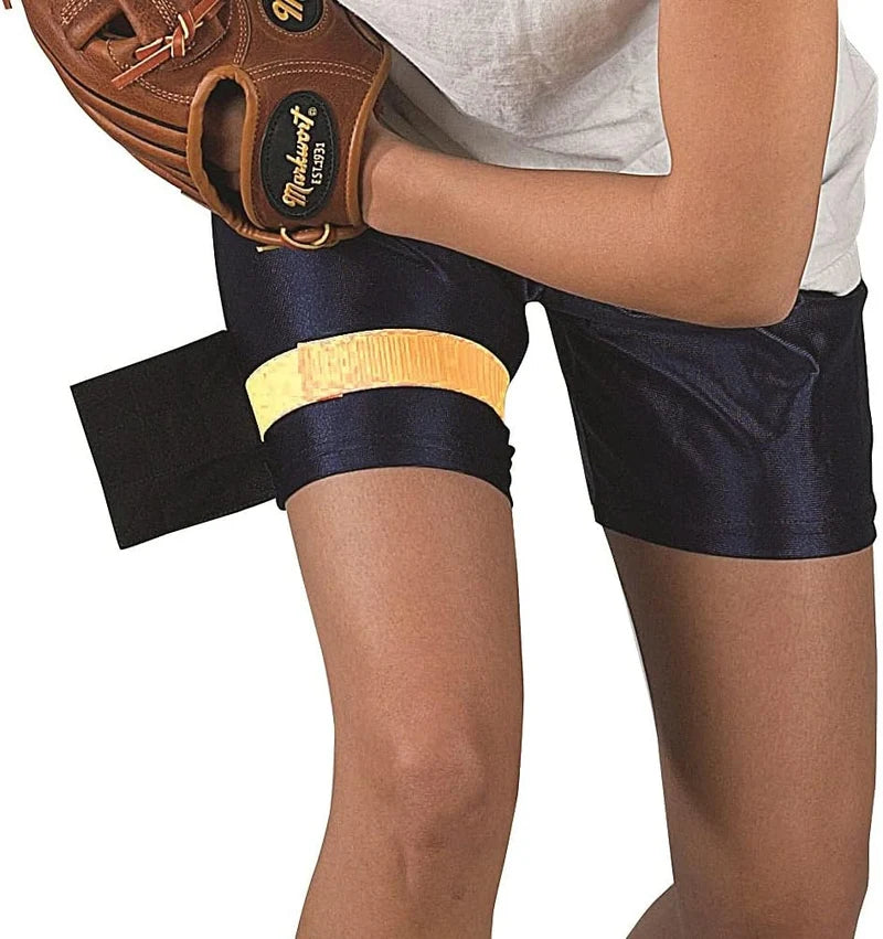 A person wears a yellow elastic Markwort The Perfect Circle Pitcher’s Training Aid: PCIRC around their thigh, with a long black fabric extension hanging from it.