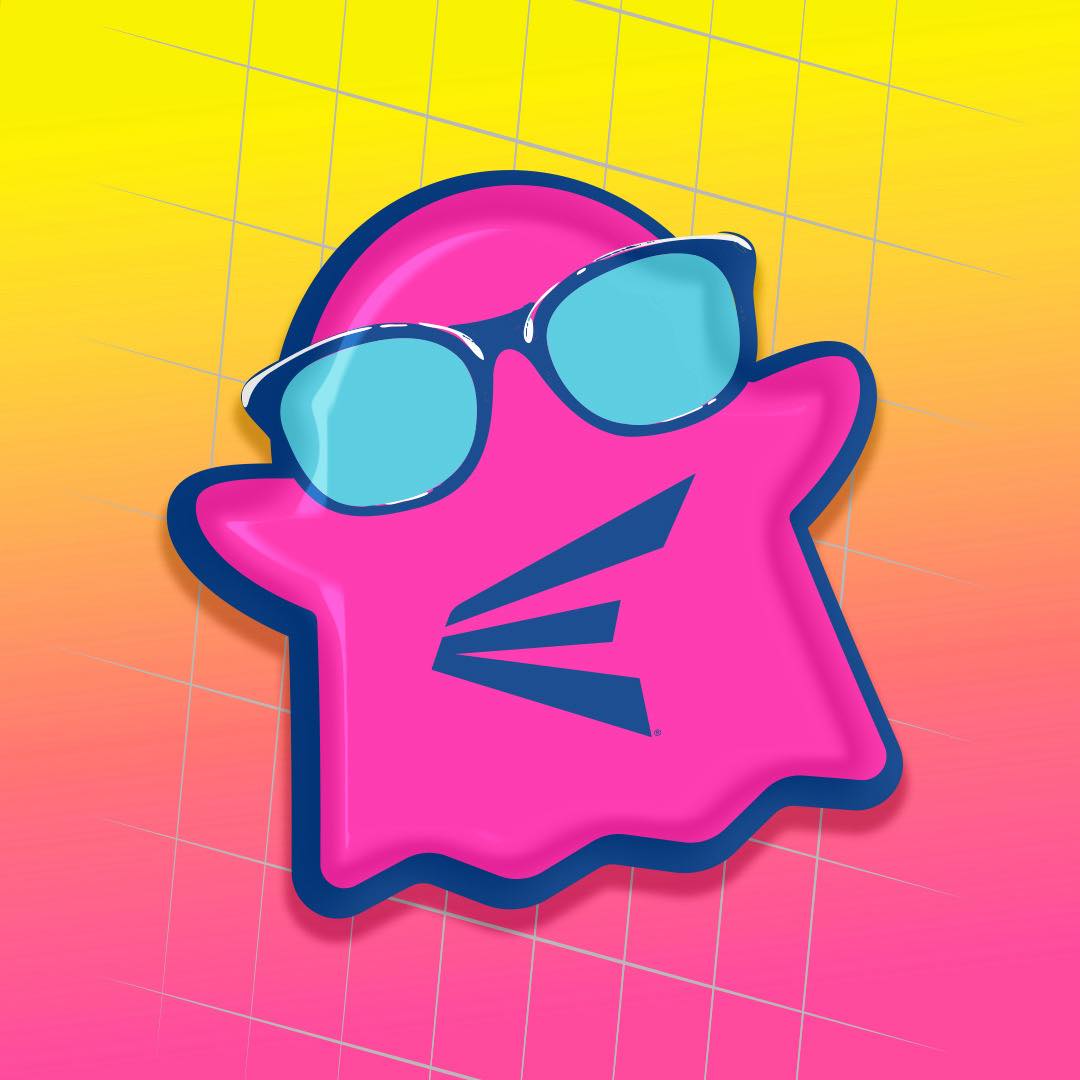 A pink ghost-shaped figure with blue sunglasses and a navy outline pops against a yellow-pink gradient, echoing the bold Spring Break style of the Easton 2026 Ghost Advanced Spring Break Yellow (-11) Fastpitch Softball Bat (EFP6GHSY11).