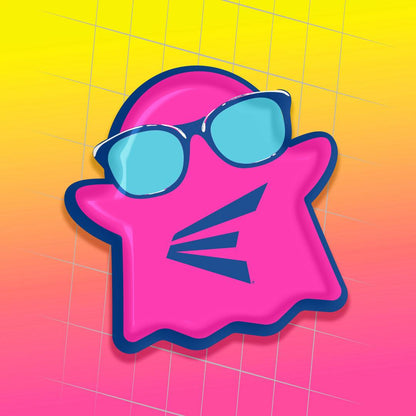 A pink ghost-shaped figure with blue sunglasses and a navy outline pops against a yellow-pink gradient, echoing the bold Spring Break style of the Easton 2026 Ghost Advanced Spring Break Yellow (-11) Fastpitch Softball Bat (EFP6GHSY11).