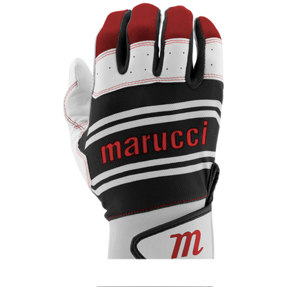 A close-up of Marucci Swift Lite Youth Batting Gloves (MBGFZNLY), mostly white with red and black accents, displaying the Marucci logo in bold red letters and crafted for a superior feel.