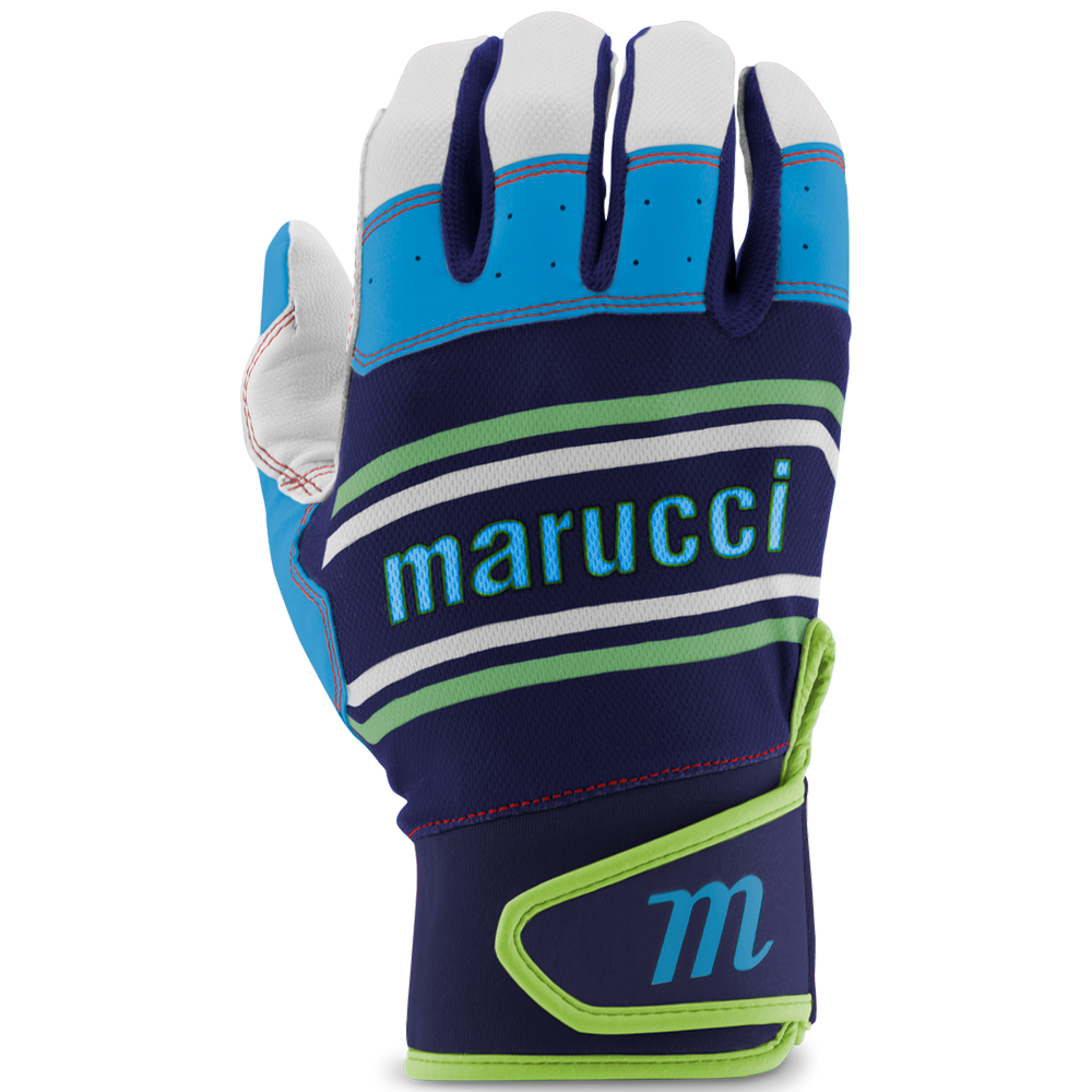 The Marucci Swift Lite Youth Batting Glove (MBGFZNLY) is shown in blue, white, and green with "Marucci" across the back, a stylized "M" on the wrist strap, and a genuine leather palm for durability.