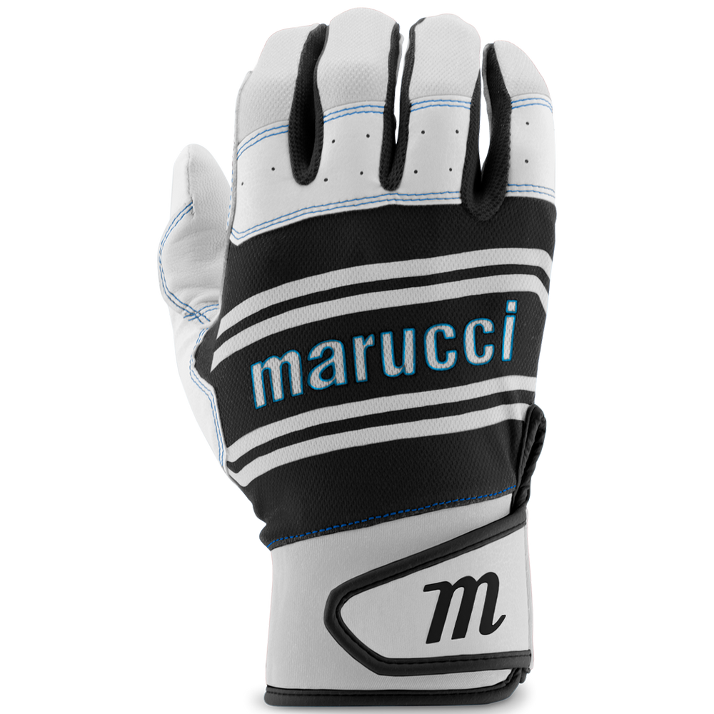 The Marucci Swift Lite Youth Batting Gloves (MBGFZNLY) feature white and black colors with blue accents, the Marucci name across the back, a stylized 'M' on the wrist strap, and a genuine leather palm for superior grip and comfort.
