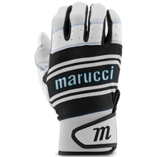 The Marucci Swift Lite Youth Batting Gloves (MBGFZNLY) feature white and black colors with blue accents, the Marucci name across the back, a stylized 'M' on the wrist strap, and a genuine leather palm for superior grip and comfort.