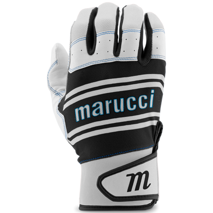 The Marucci Swift Lite Youth Batting Gloves (MBGFZNLY) feature white and black colors with blue accents, the Marucci name across the back, a stylized 'M' on the wrist strap, and a genuine leather palm for superior grip and comfort.