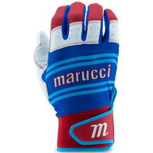 A pair of Marucci Swift Lite Adult Batting Gloves (MBGFZNL) in blue, red, and white is displayed on a plain background, featuring the Marucci brand name across the back.