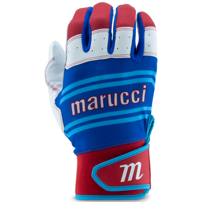 The Marucci Swift Lite Youth Batting Glove MBGFZNLY features a blue, red, and white design with "Marucci" in white across the back, a white "M" on the red wrist strap, and a genuine leather palm. Shown palm-down on a plain background.