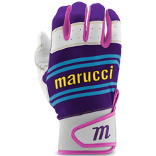 The Marucci Swift Lite Youth Batting Gloves (MBGFZNLY) feature a lightweight purple, white, and pink design with blue stripes, “marucci” in yellow on the back, a pink M logo on the wrist strap, and a genuine leather palm for superior grip.