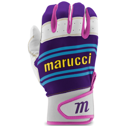 The Marucci Swift Lite Youth Batting Gloves (MBGFZNLY) feature a lightweight purple, white, and pink design with blue stripes, “marucci” in yellow on the back, a pink M logo on the wrist strap, and a genuine leather palm for superior grip.