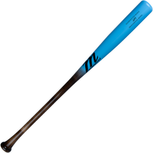 The Marucci AP5 Pro Model Maple Wood Bat: MVE4AP5 features a gradient design from natural wood at the handle to bright blue at the barrel, plus black branding near the barrel end—ideal for power hitters.