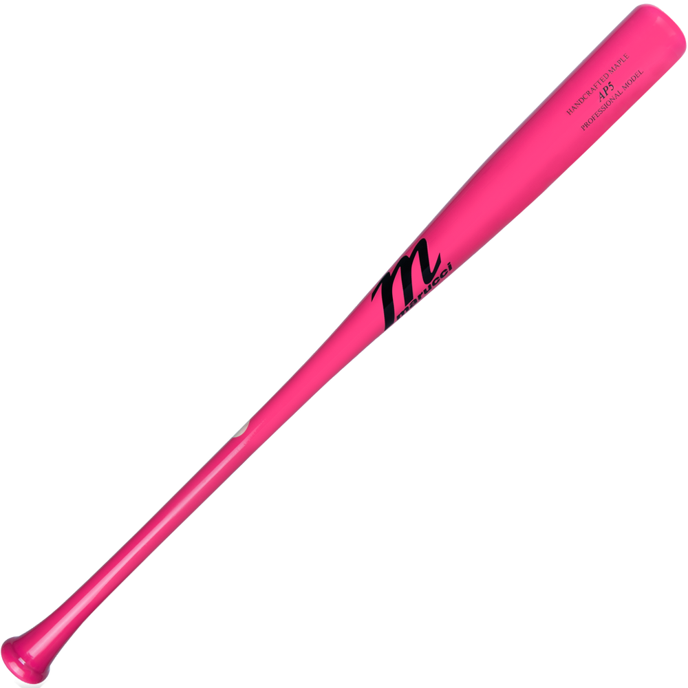 A bright pink Marucci AP5 Pro Model Maple Wood Bat (MVE4AP5) with a black "m" logo and text near the handle, designed for power hitters, is displayed on a plain white background.