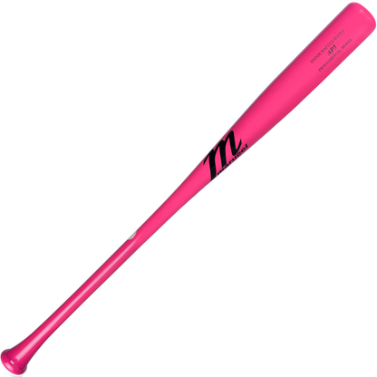 A bright pink Marucci AP5 Pro Model Maple Wood Bat (MVE4AP5) with a black "m" logo and text near the handle, designed for power hitters, is displayed on a plain white background.
